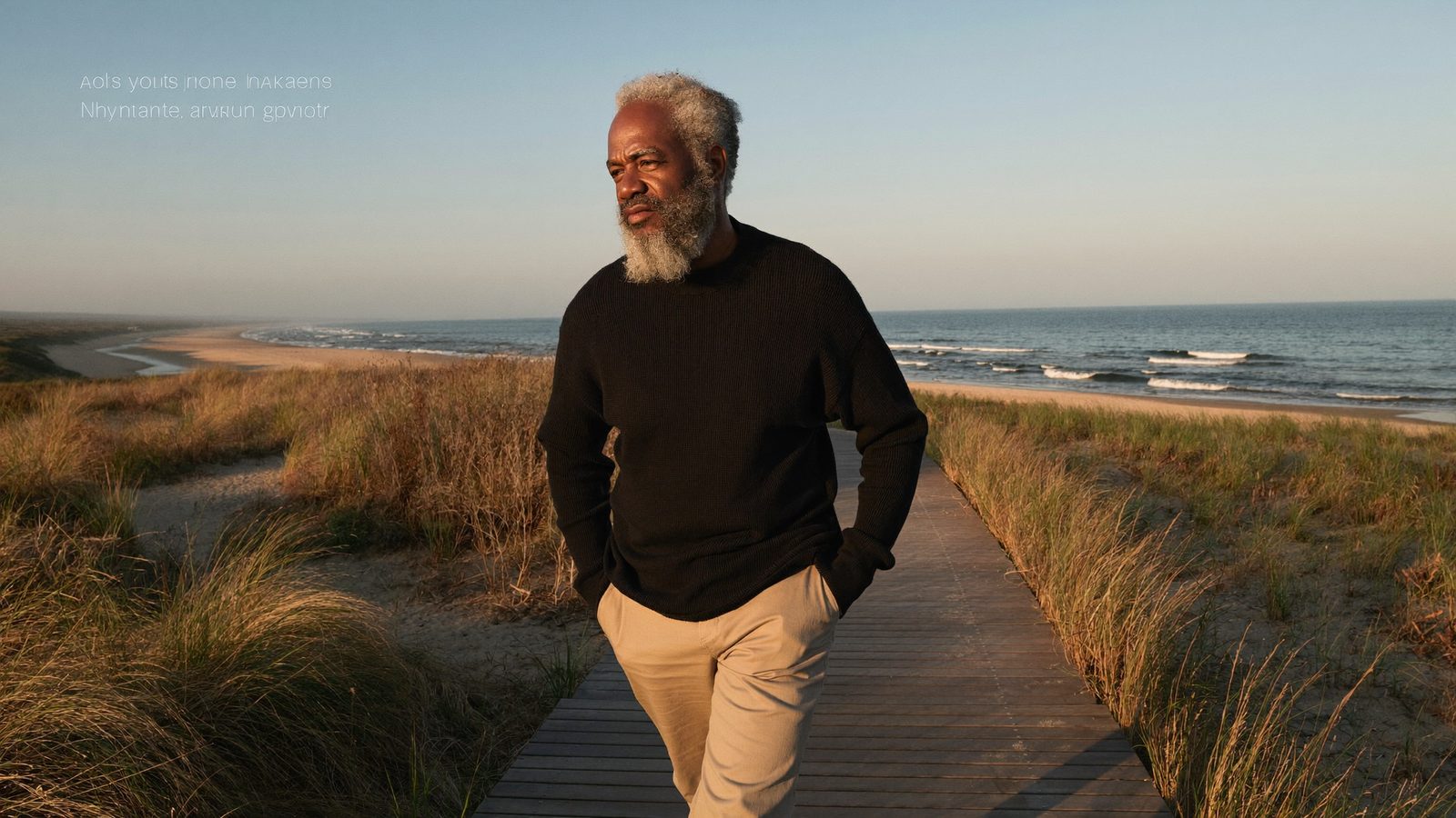 Confident man in his mid 50s with a natural full hairline walking on a Long Island boardwalk at golden hour