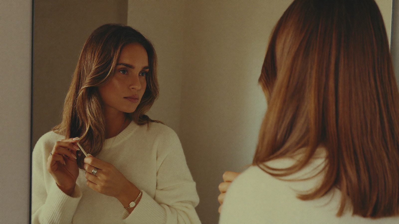 Woman in her 40s with long brown hair styling a center part in a bathroom mirror