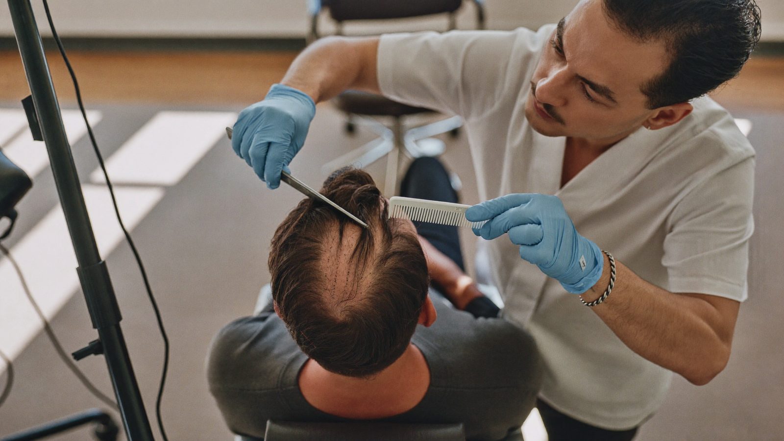 Clinician examining a man's crown area with a magnifier under bright clinic lighting