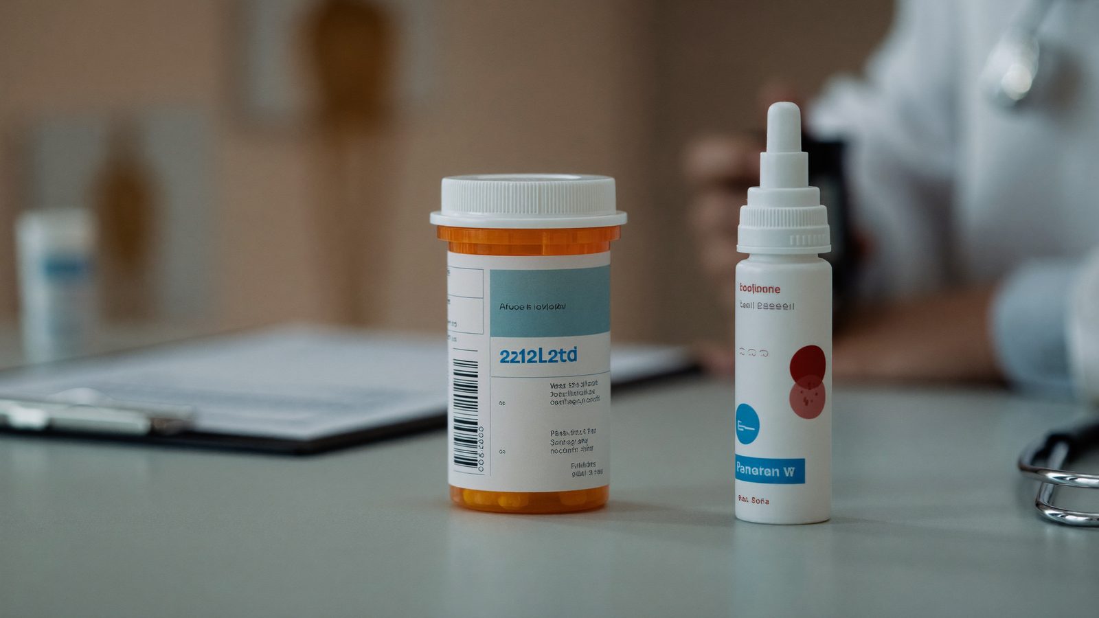 Physician's desk with an unbranded pill bottle and a topical solution bottle beside a patient chart