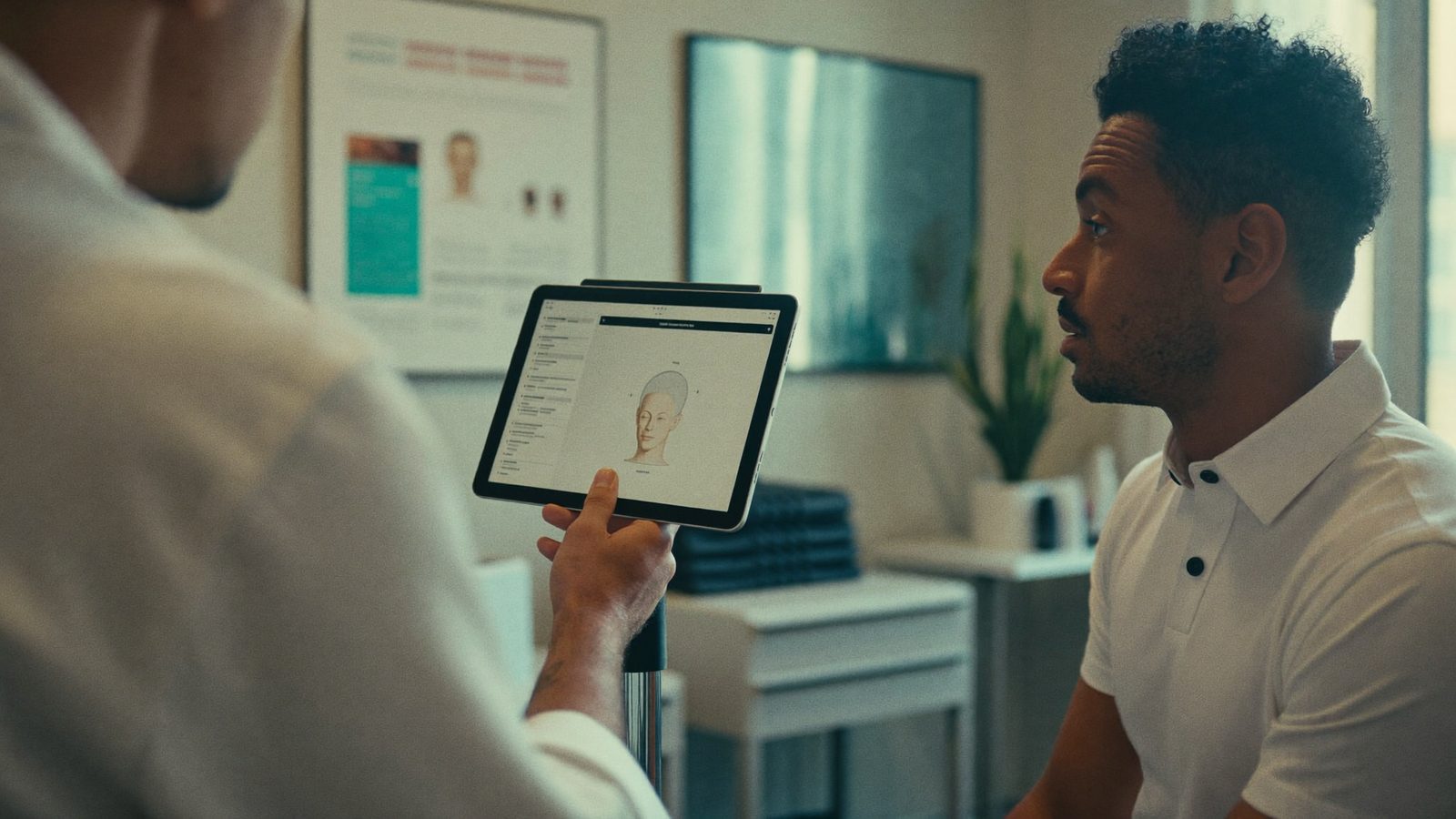 Hair restoration clinician explaining a scalp diagram on a tablet to a male patient during a consultation