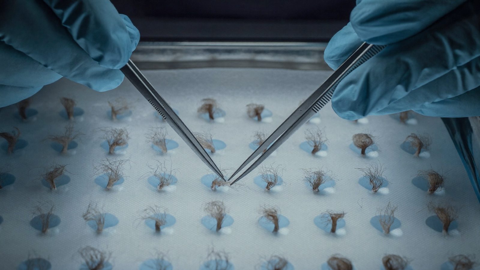 Clinician's gloved hands arranging hair follicle grafts in a chilled dish under a magnifying lamp