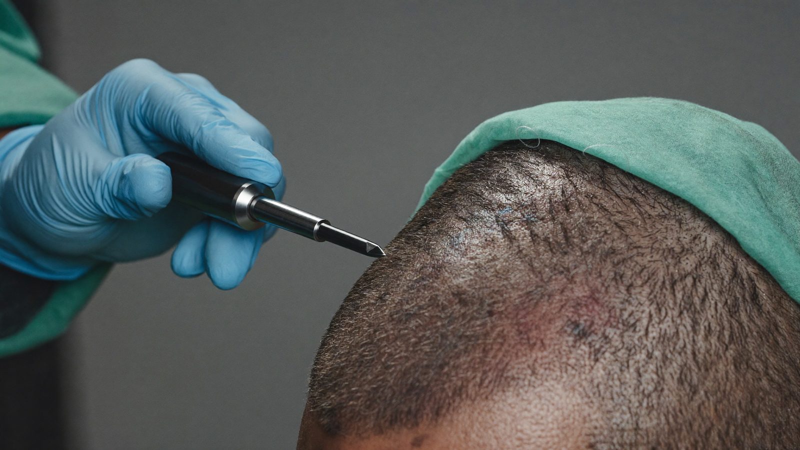 Gloved hand holding a fine handheld FUE punch device beside a magnified scalp