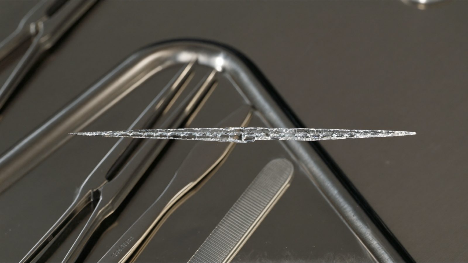 Fine sapphire-tipped blade on a sterile steel tray beside surgical forceps