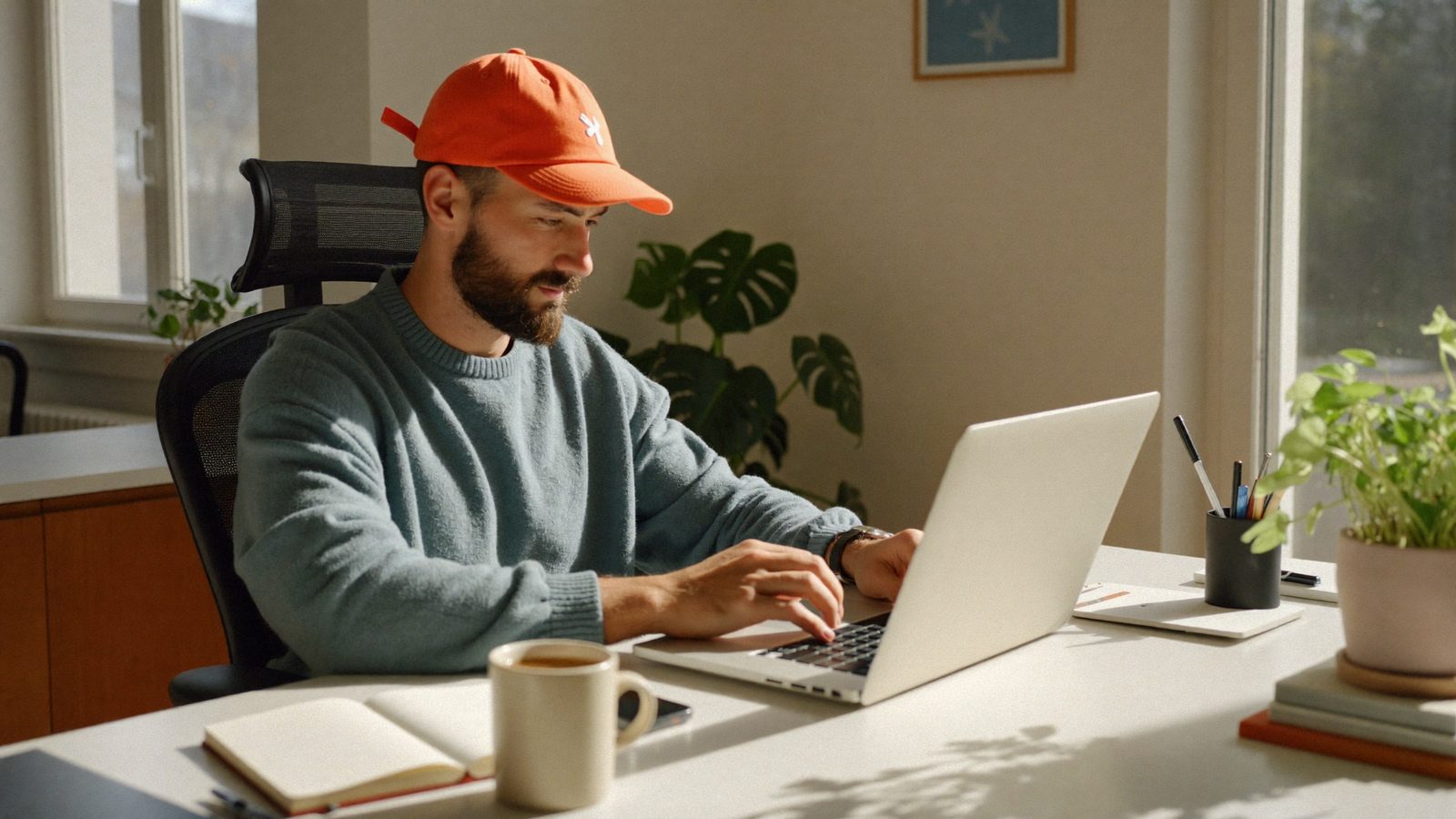 Man in a loose baseball cap working on a laptop at a bright home office desk