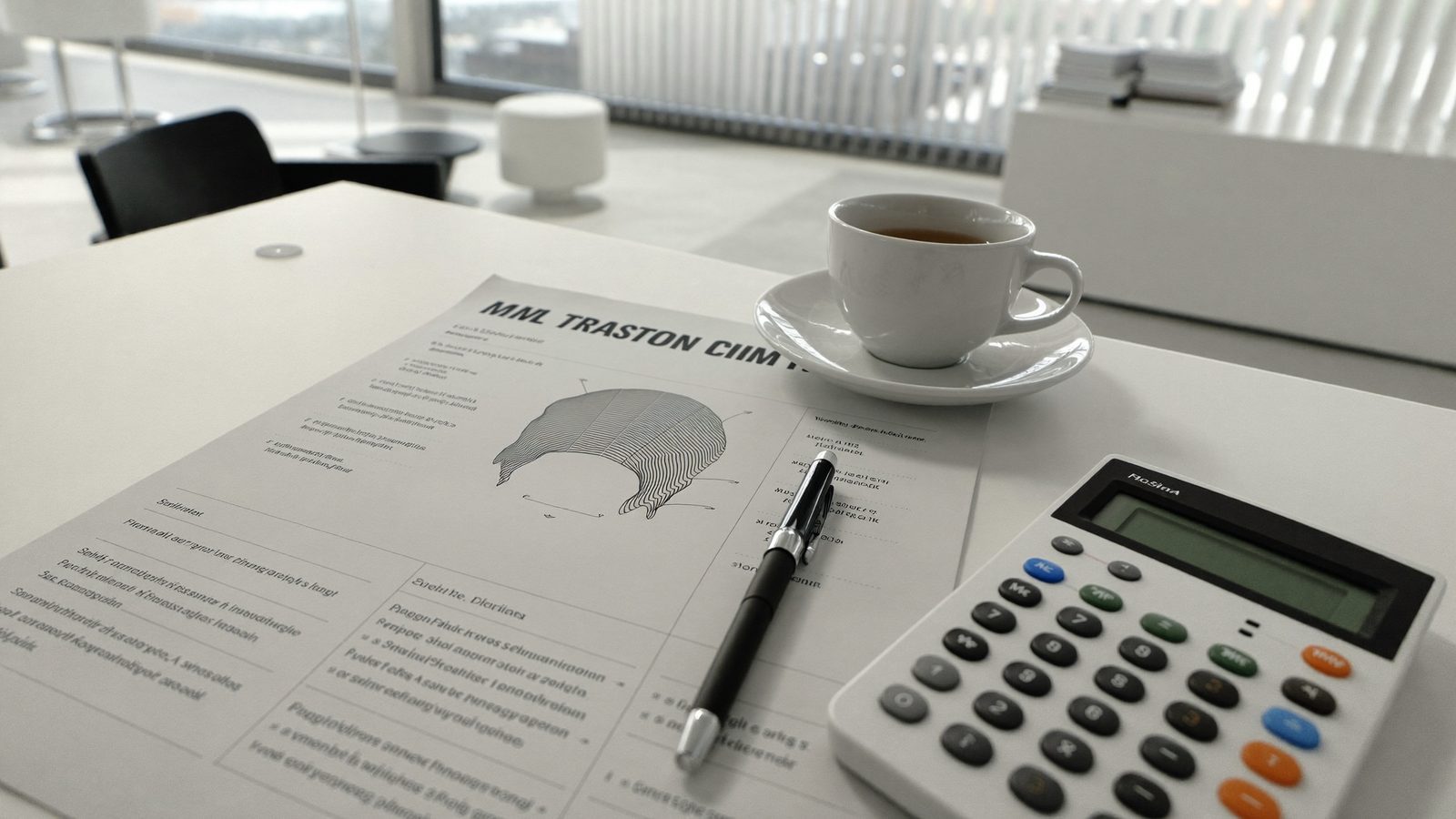 Consultation desk with a printed treatment plan, a calculator and a scalp model in a bright clinic