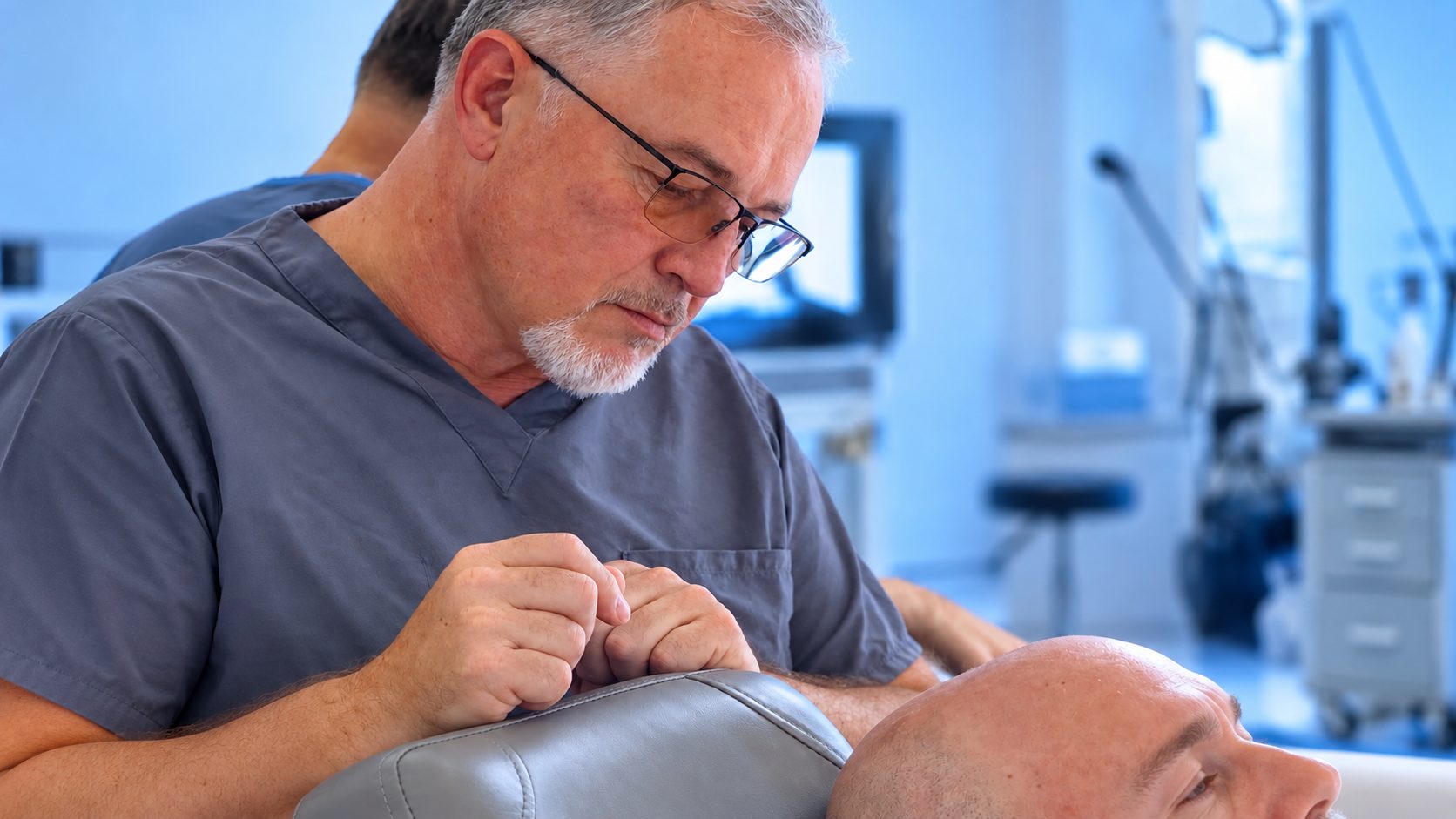 Dr. Val Prokurat, MD checking a patient's hairline before a DHI hair transplant at Nova Medical Long Island