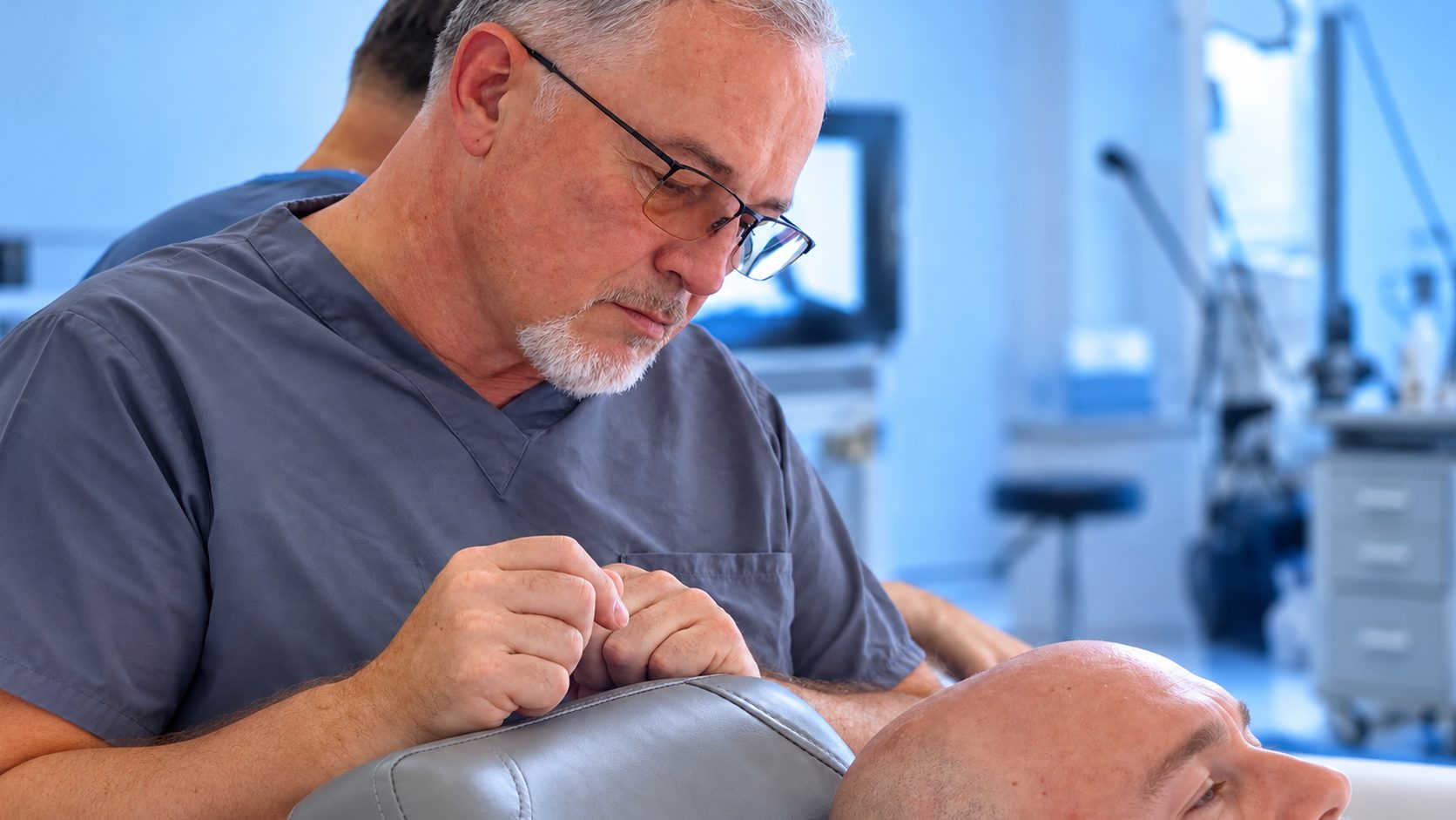 Dr. Val Prokurat, MD examining a patient during an eyebrow transplant consultation at Nova Medical Long Island