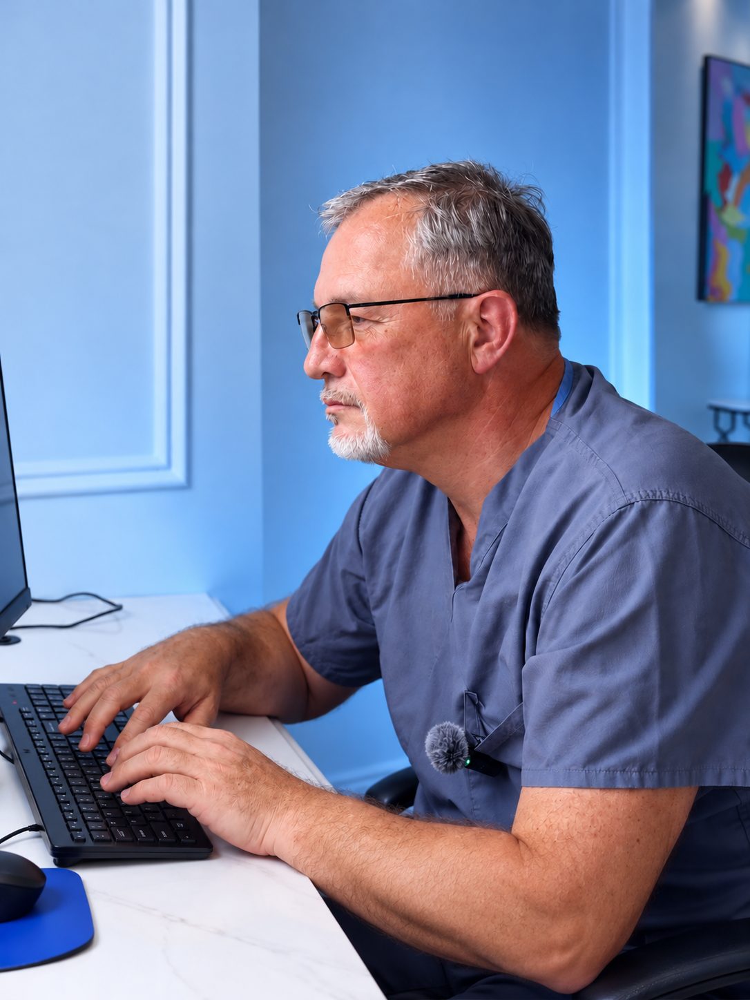 Dr. Val Prokurat, MD reviewing an eyebrow transplant plan at a computer at Nova Medical Long Island
